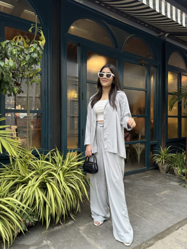 GREY LINEN CO-ORD WITH BELT STYLE TROUSER