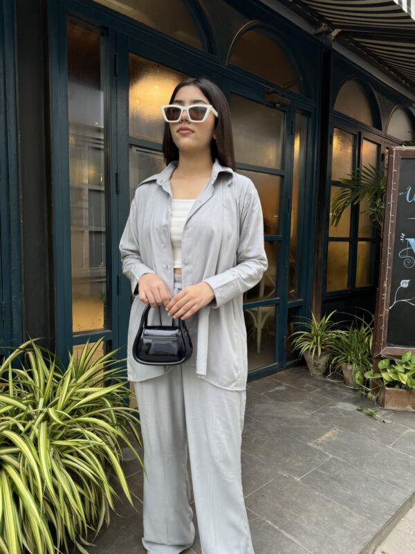 GREY LINEN CO-ORD WITH BELT STYLE TROUSER