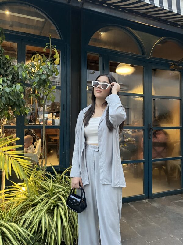 GREY LINEN CO-ORD WITH BELT STYLE TROUSER
